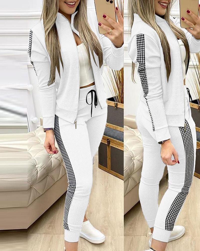 

Contrast Plaid Jacket & Drawstring Pants Set, White