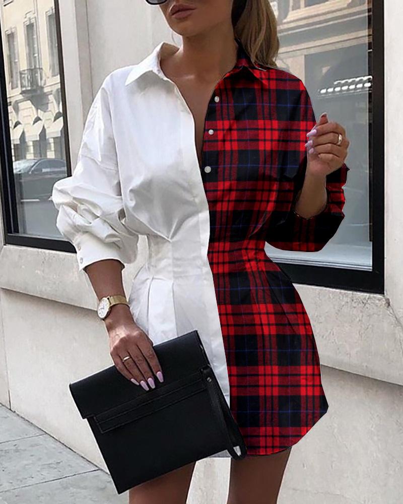 

Colorblock Grid Tight Waist Shirt Dress, White