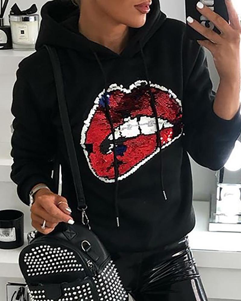 

Lip Print Sequins Long Sleeve Hoodies, Black