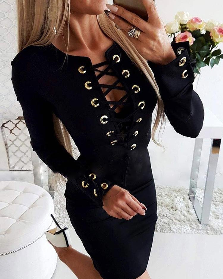

Eyelet Lace-Up Long Sleeve Bodycon Dress, Black