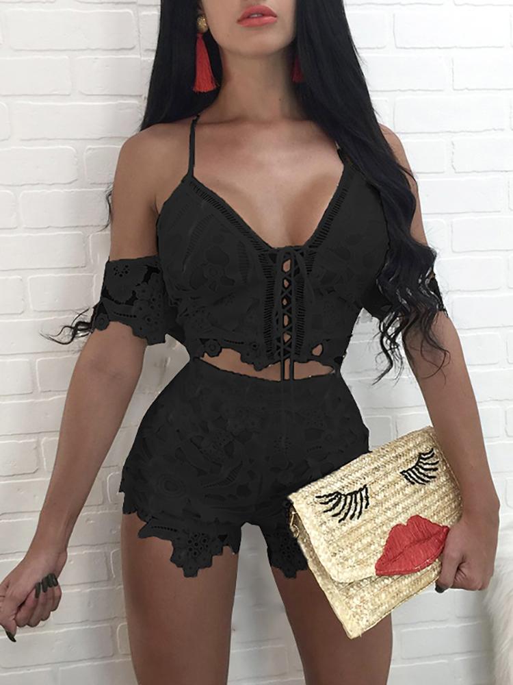 

Low Cut Lace Trim Cold Shoulder Cropped Suit Set