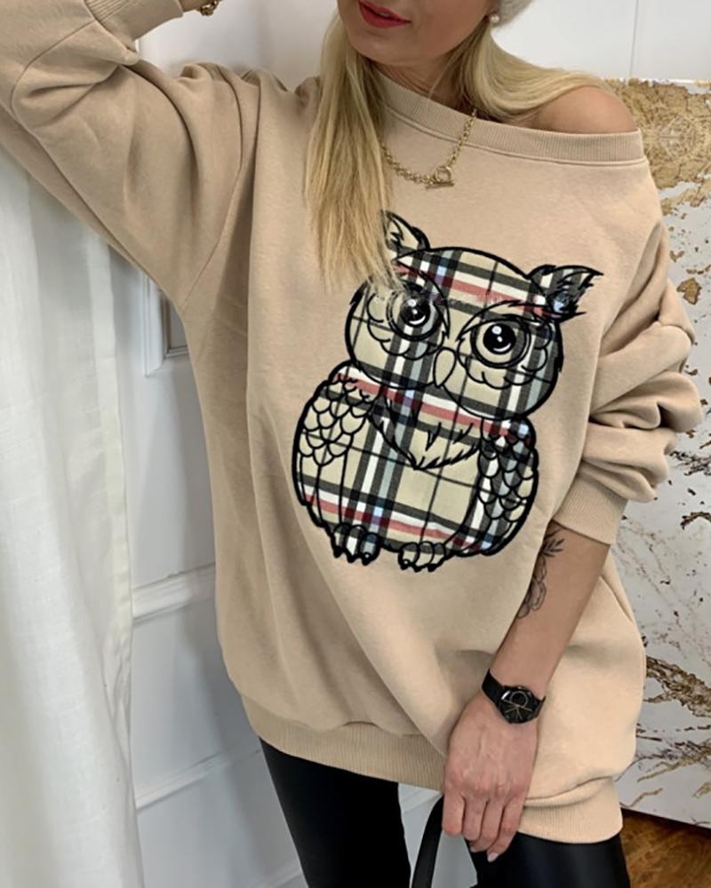 

Owl Print Long Sleeve Casual Sweatshirt, Apricot