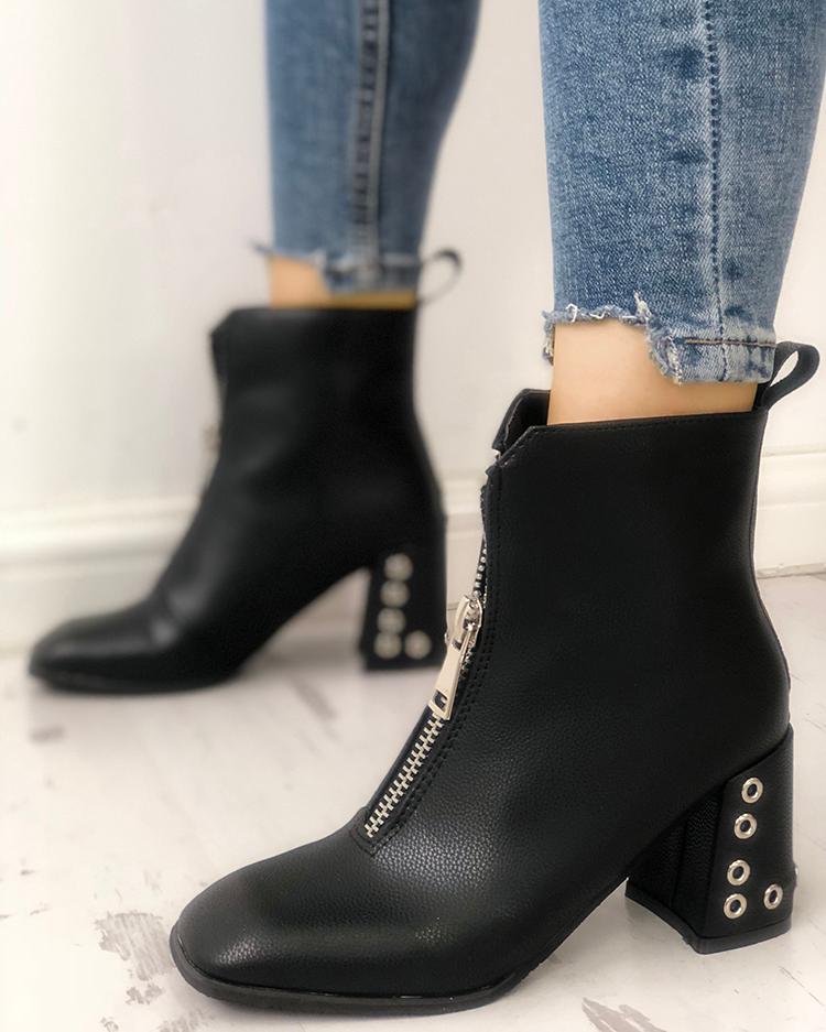 

Metallic Zipper Design Chunky Heeled Boots, Black