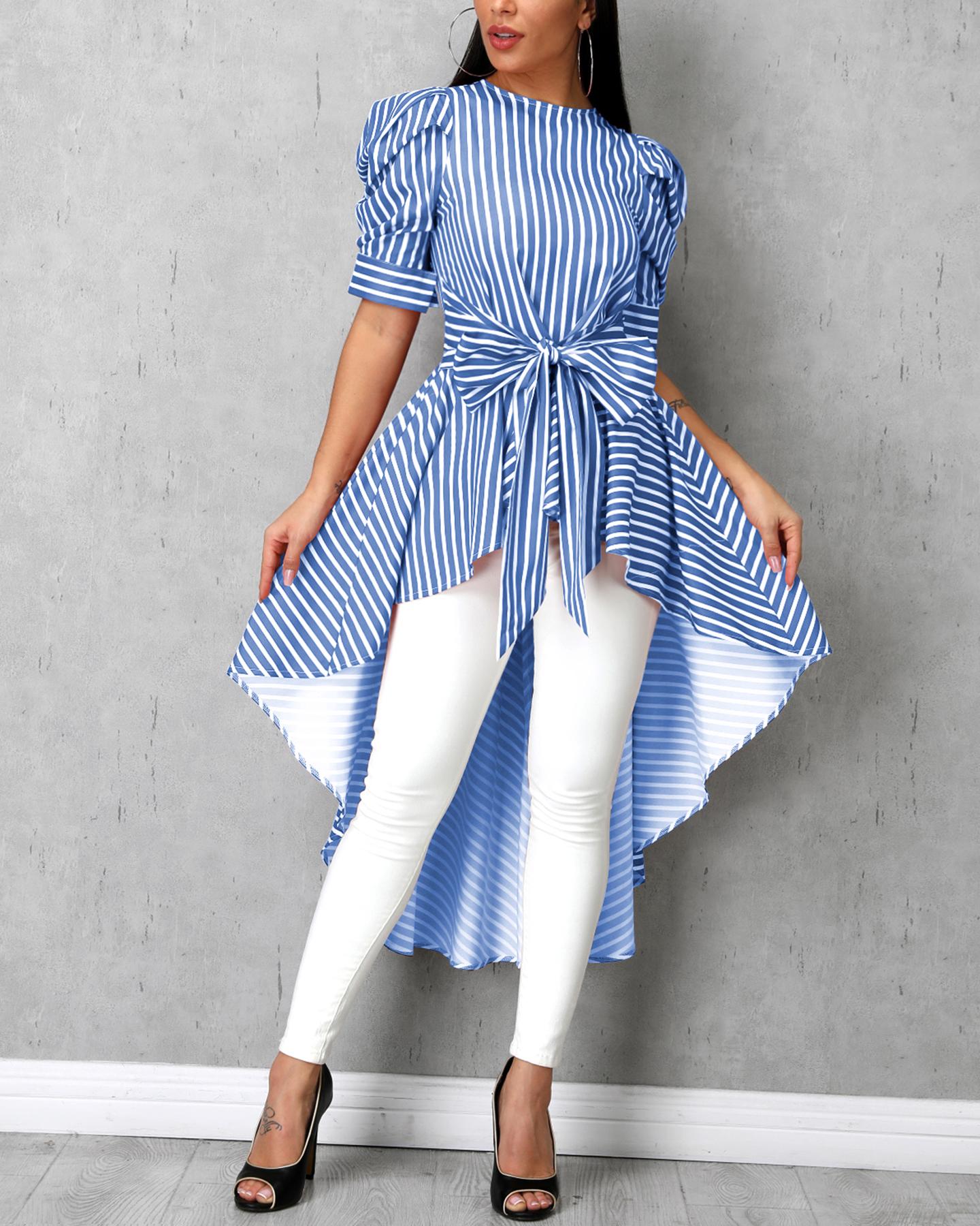 

Striped Bowknot Detail Dip Hem Blouse, Blue