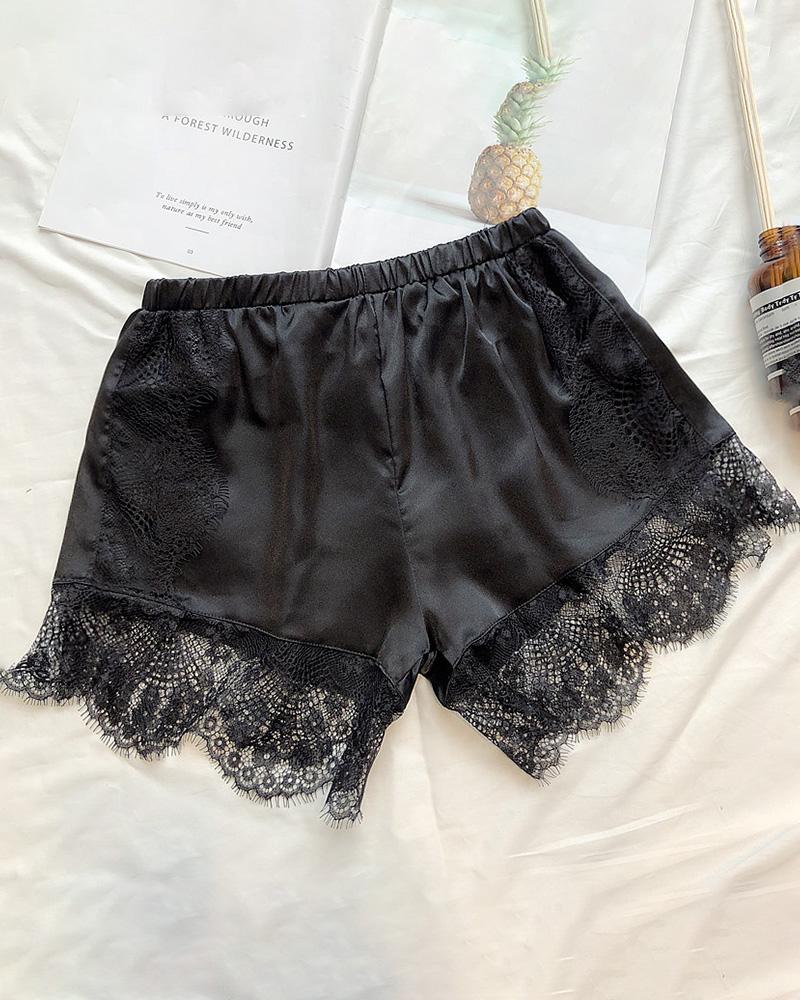 

Lace Trim Satin Homewear Shorts, Black