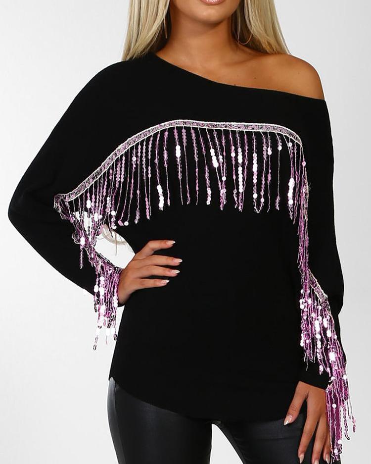 

Sequin Tassel Design Casual Top, Black