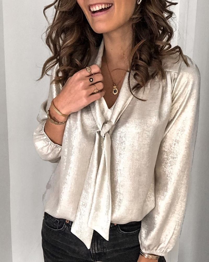 

Glitter Tied Neck Long Sleeve Blouse, Silver