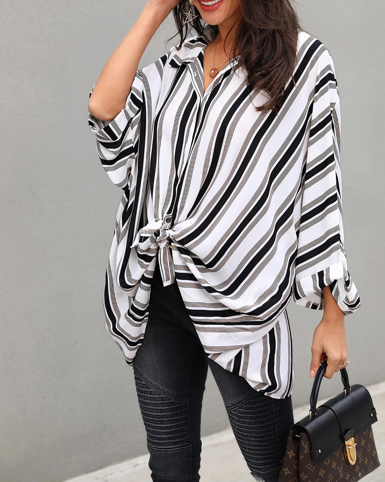 

Stripes Bat-Wing Sleeve Slit Back Blouse, Multicolor