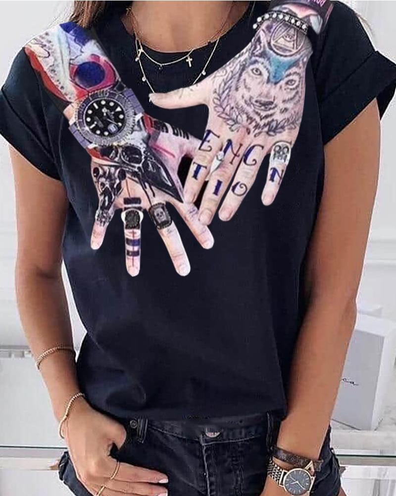 

Hands Print Short Sleeve Casual T-shirt, Black