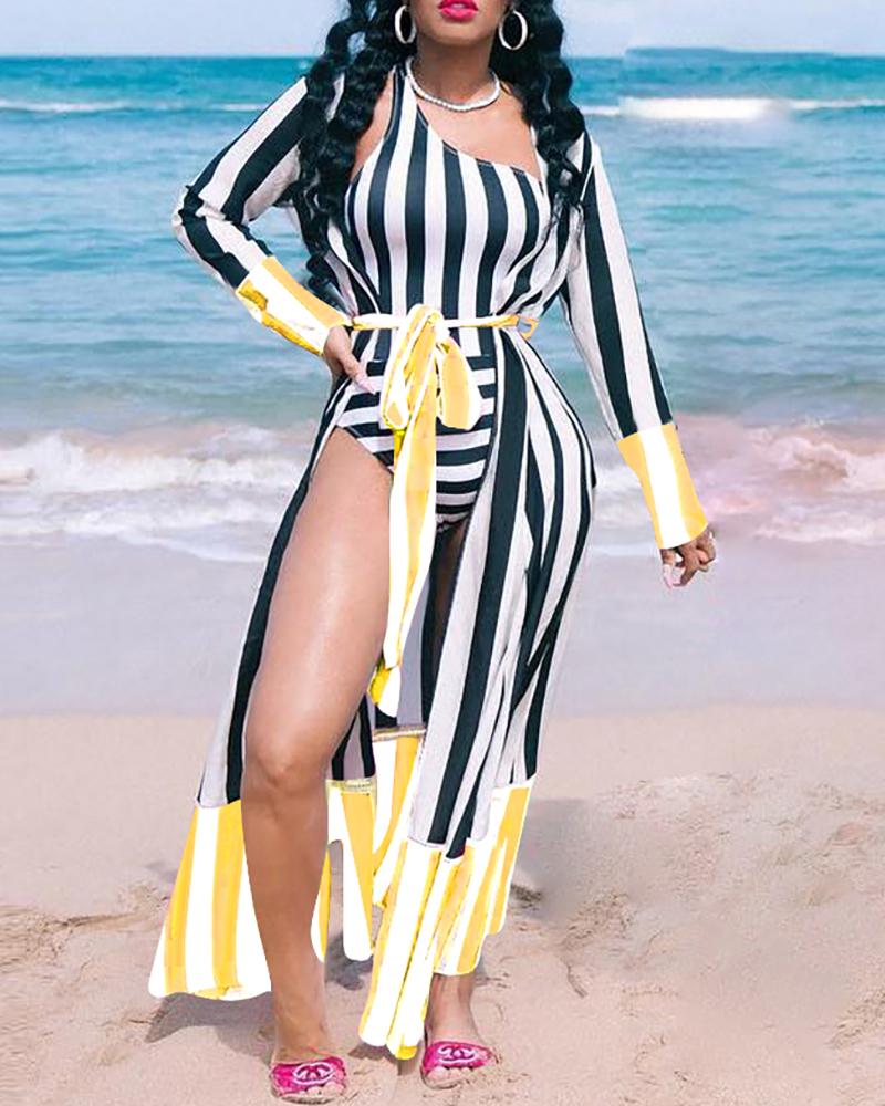 

Contrast Striped One Piece Swimwear With Cover Up, Yellow