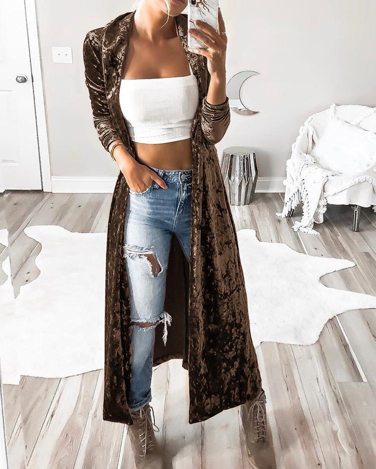 

Solid Color Velvet Long Cardigan Coat, Coffee