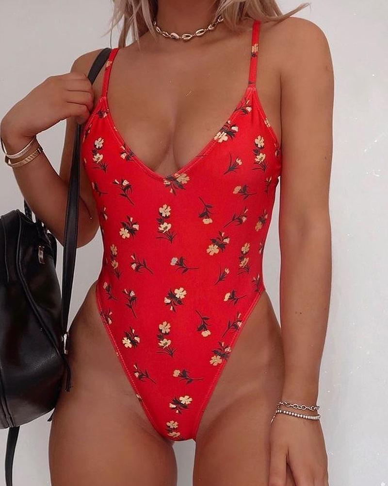 

Floral Print Plunge Spaghetti Strap One Piece Swimsuit, Red