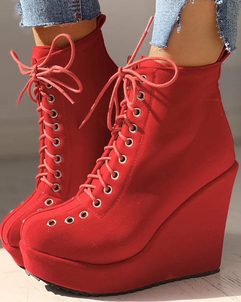 

Solid Eyelet Lace-Up Platform Wedges Boots, Red