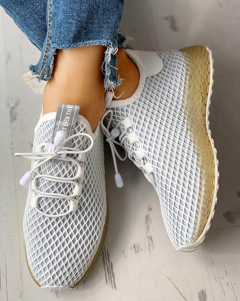 

Hollow Out Colorblock Breathable Lace-Up Sneakers, White