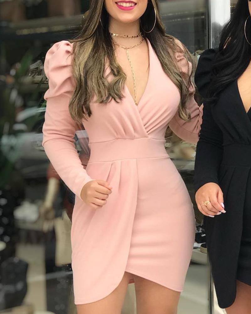 

Puffed Sleeve Ruched Surplice Bodycon Dress, Pink