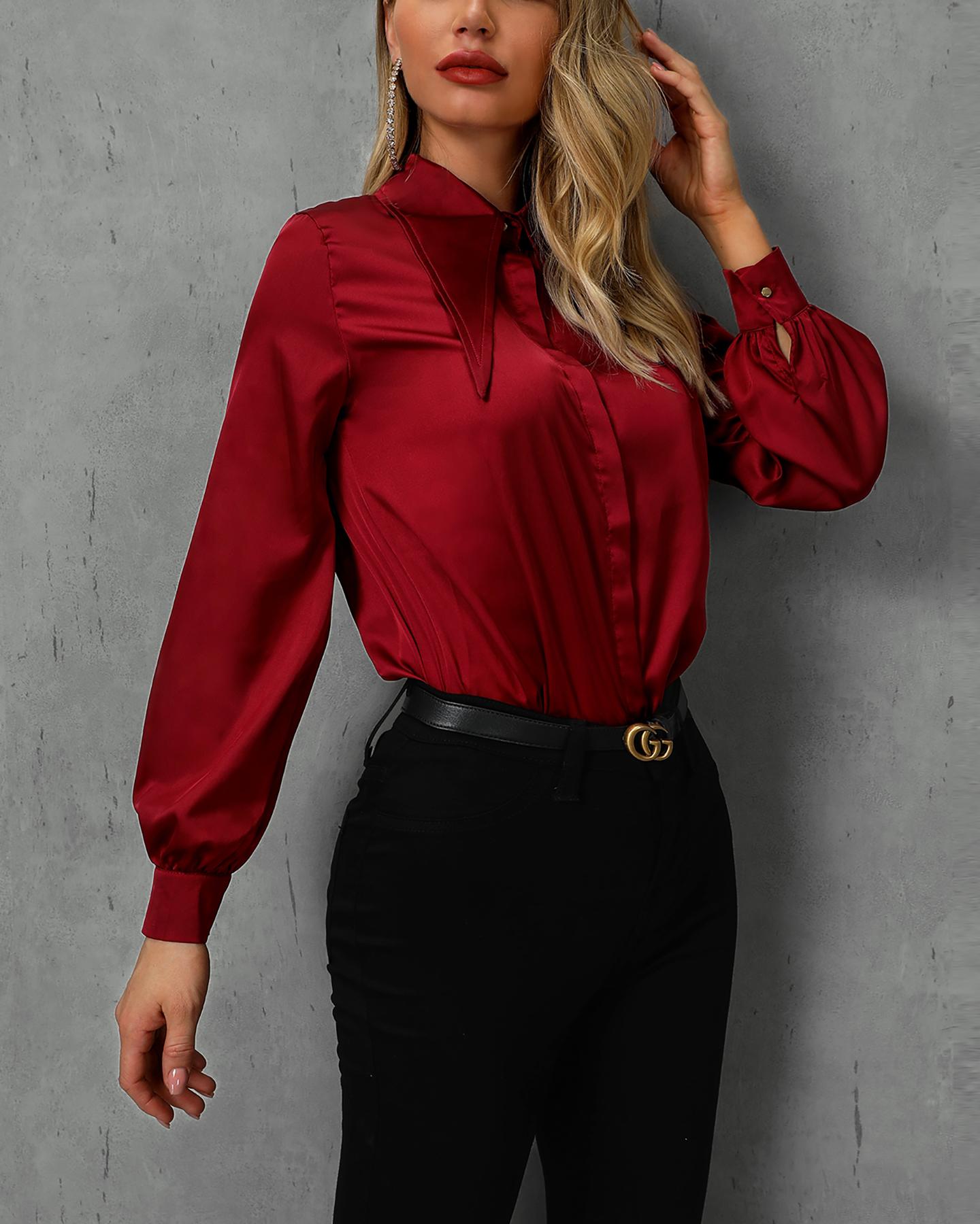 

Pointed Collar Long Sleeve Casual Shirt, Red