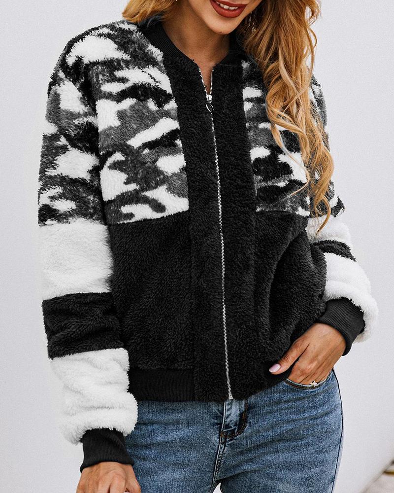 

Camouflage Colorblock Zipped Casual Coat, Black