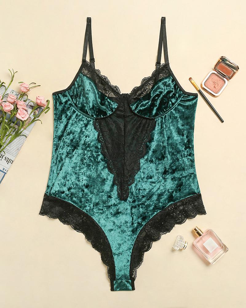 

Crochet Lace Velvet Teddy Lingerie, Green