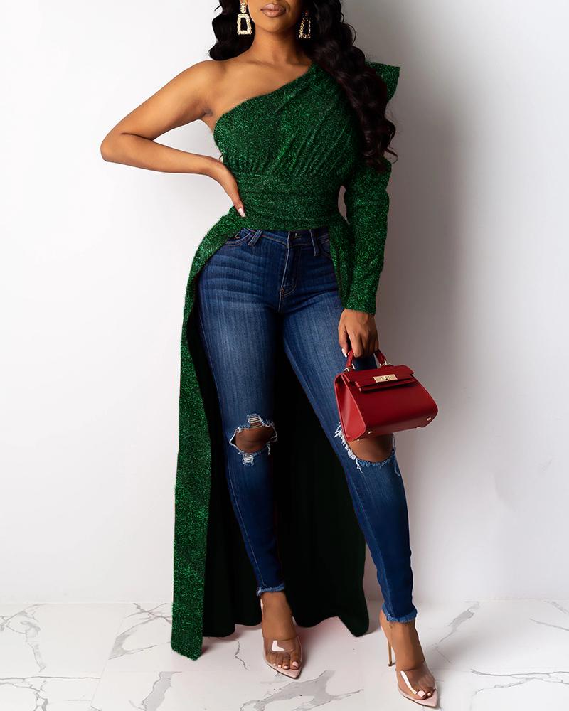 

Glitter One Shoulder Dip Hem Blouse, Green