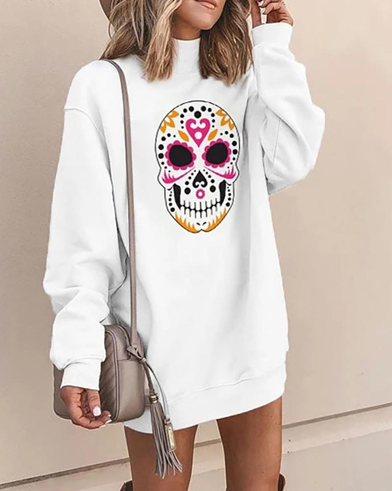 

Halloween Skull Print Casual Dress, White