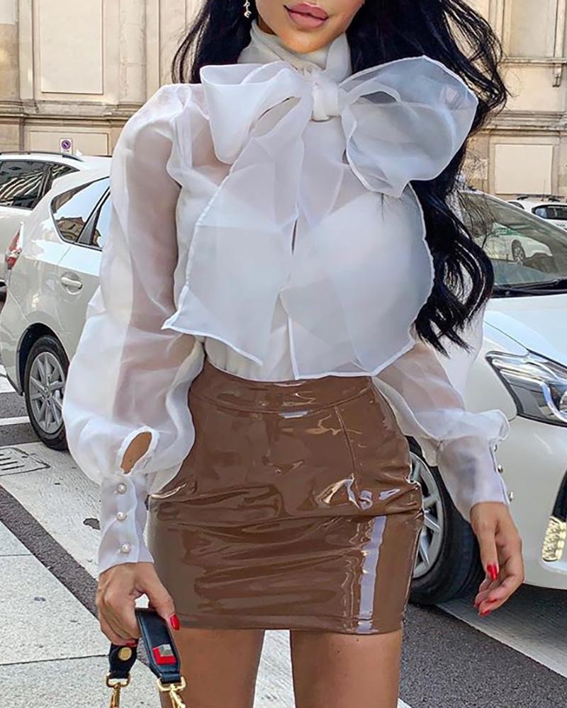 

Sheer Mesh Tied Neck Bowknot Buttoned Shirt