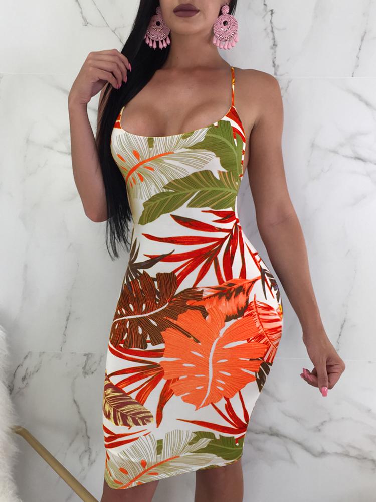 

Leaf Print Backless Crisscross U Neck Slip Dress, Pink
