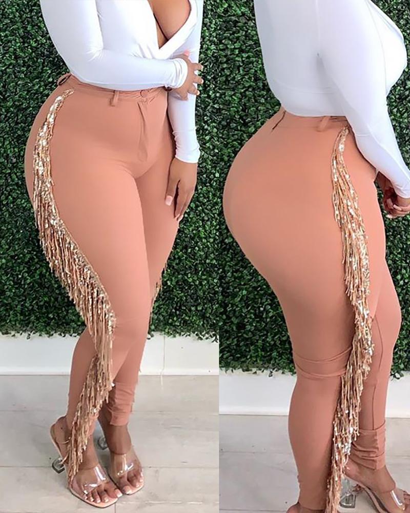 

Tassel Design High Waist Skinny Pants, Pink