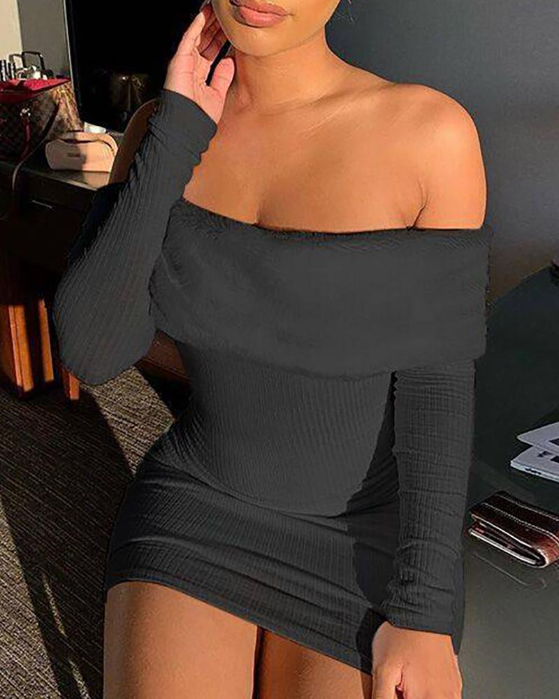 

Fluffy Off Shoulder Fold-Over Dress, Black