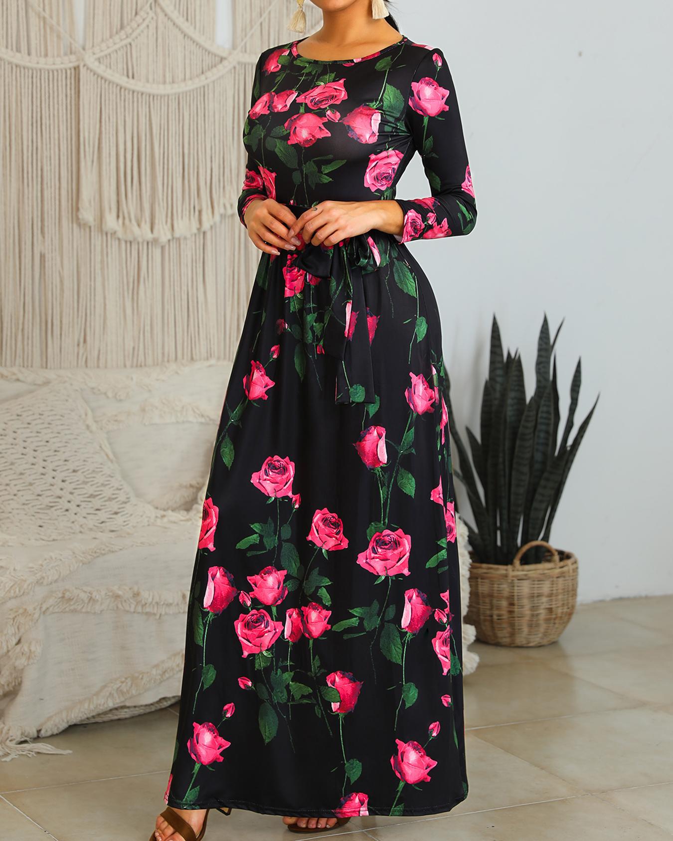 

Rose Print Belted Maxi Dress, Black