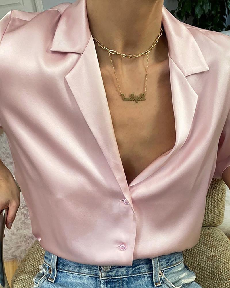 

Button Design Notched Neck Satin Casual Blouse, Pink