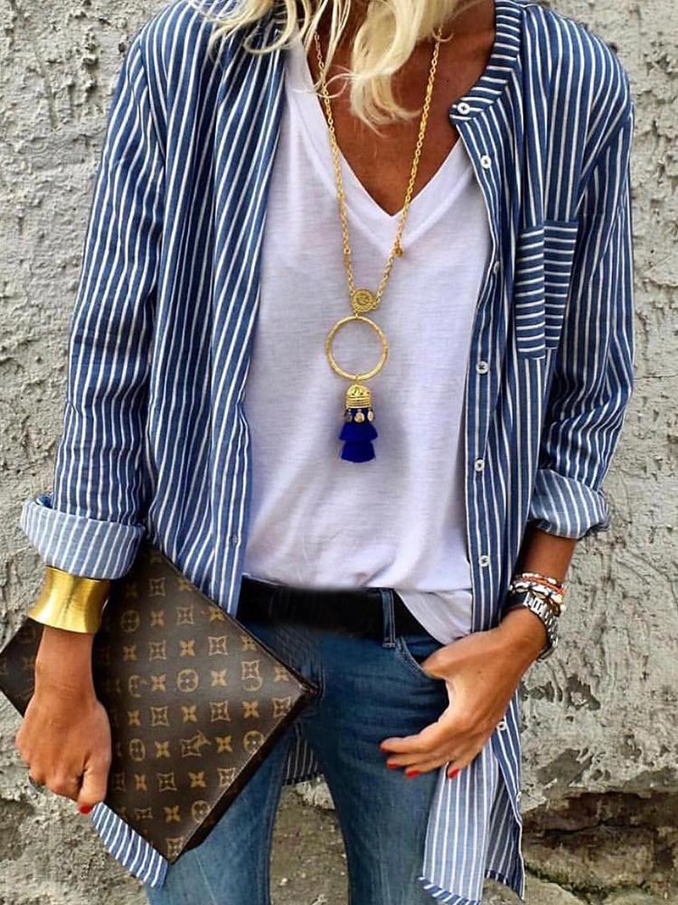 

Stripes Long Sleeve Chest Pocket Design Blouse, Blue