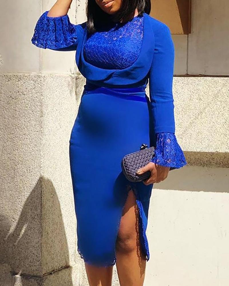 

Lace Insert Bell Sleeve Slit Bodycon Dress, Blue