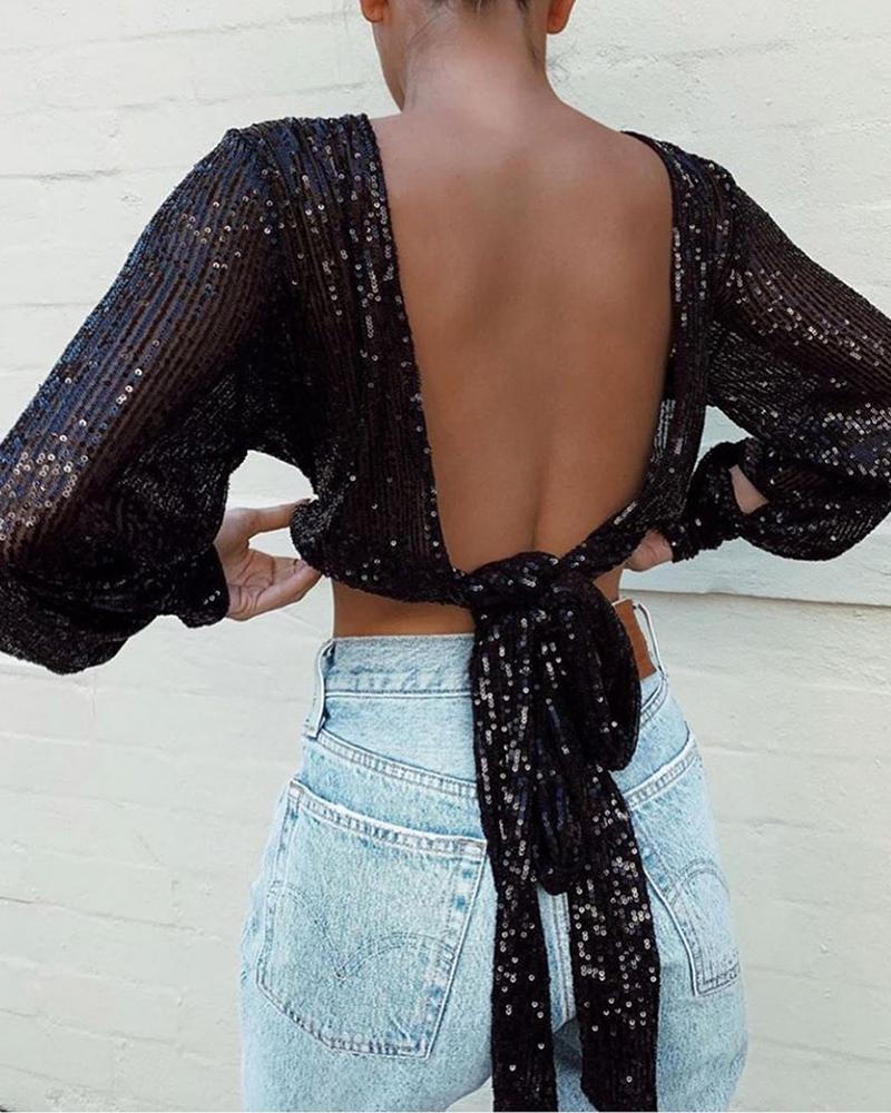 

Tie Open Back Long Sleeve Top, Black