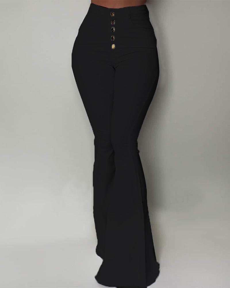 

Solid High Waist Slinky Bell-bottomed Pants, Black