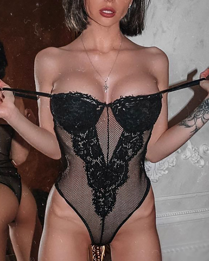

Sheer Eyelash Lace Teddy Bodysuit, Black