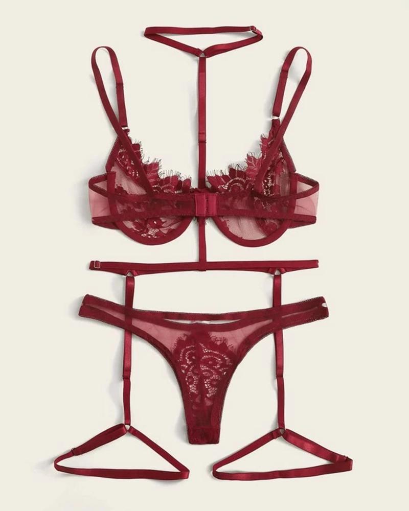 

See-through Solid Color Halter Sleeveless Splicing Lace Bra Sets With Garter, Wine red