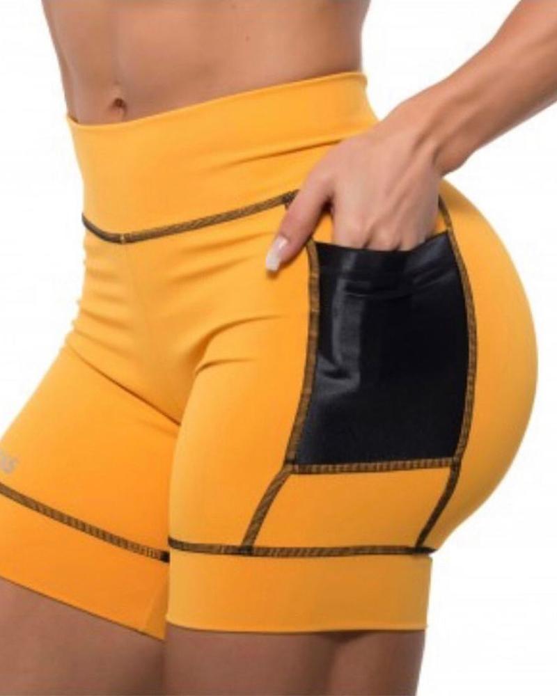

High Waist Colorblock Pocket Design Skinny Shorts, Yellow