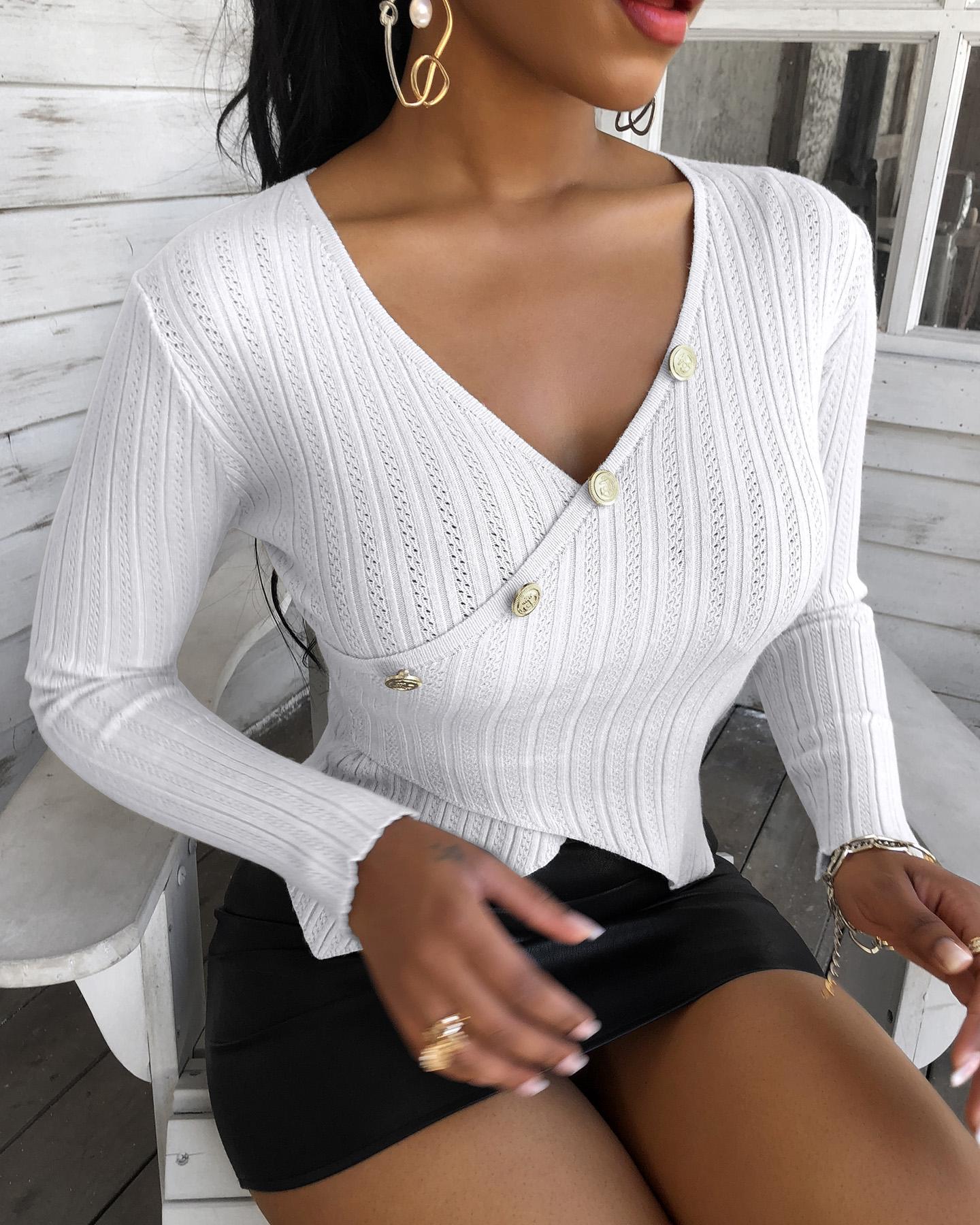 

Button Design Plain Wrap Blouse, White