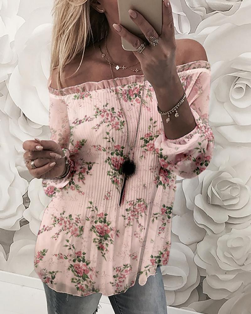 

Off Shoulder Floral Print Blouse, Pink