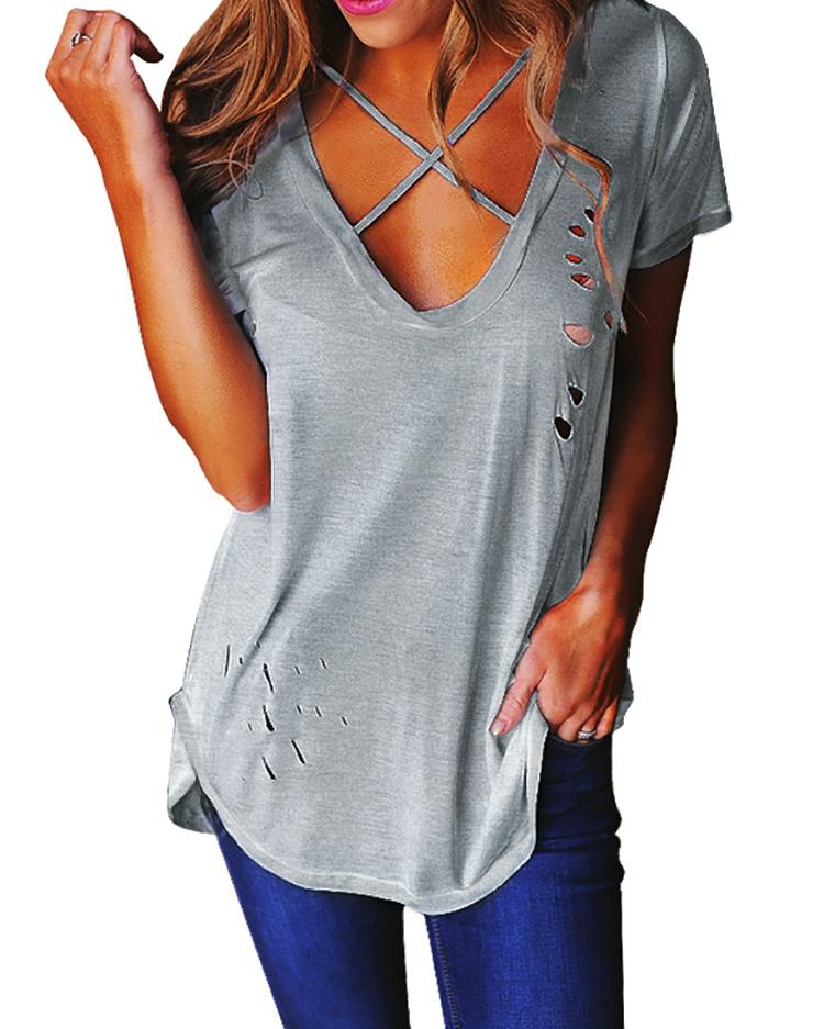 

Stylish Criss Cross Cut Out T-shirt, Gray