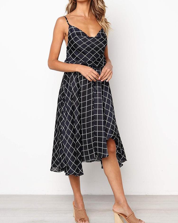 

Plaid Spaghetti Strap Cowl Neck Casual Dress, Dark blue