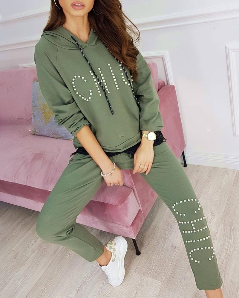 

Letter Pattern Beaded Casual Top & Pant Set, Army green