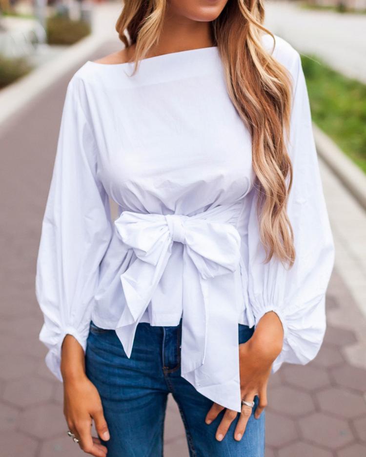 

Sexy Lantern Sleeve Bowtie Belted Blouse Tops, White