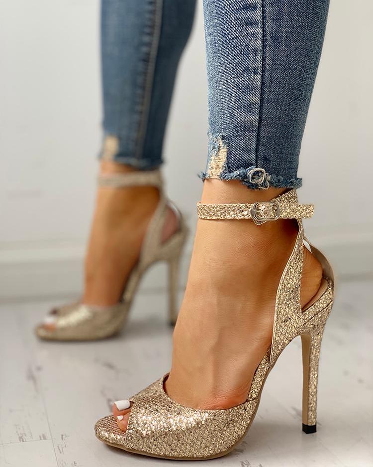 

Glitter Peep Toe Thin Heeled Sandals, Gold