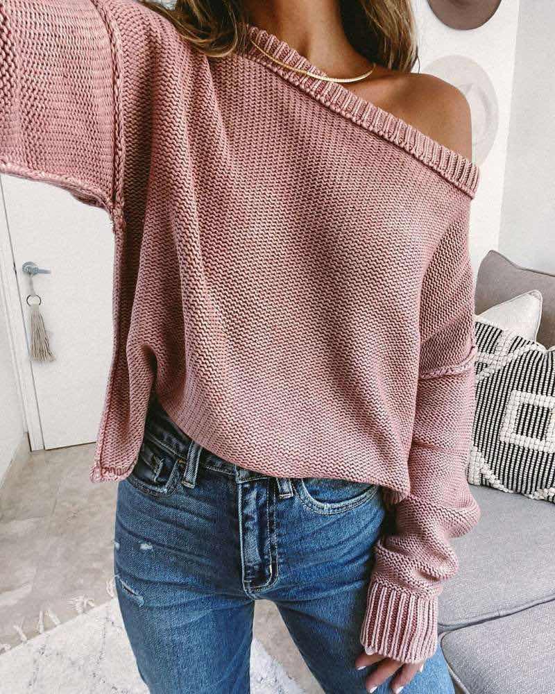 

Drop Shoulder Long Sleeve Knit Casual Sweater, Pink