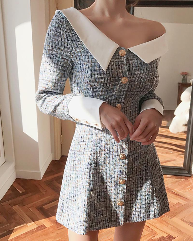 

Rove Tight Waist Buttoned Off Shoulder Dress, Light blue