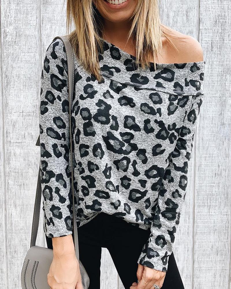 

Leopard Print Long Sleeve Blouse, Gray