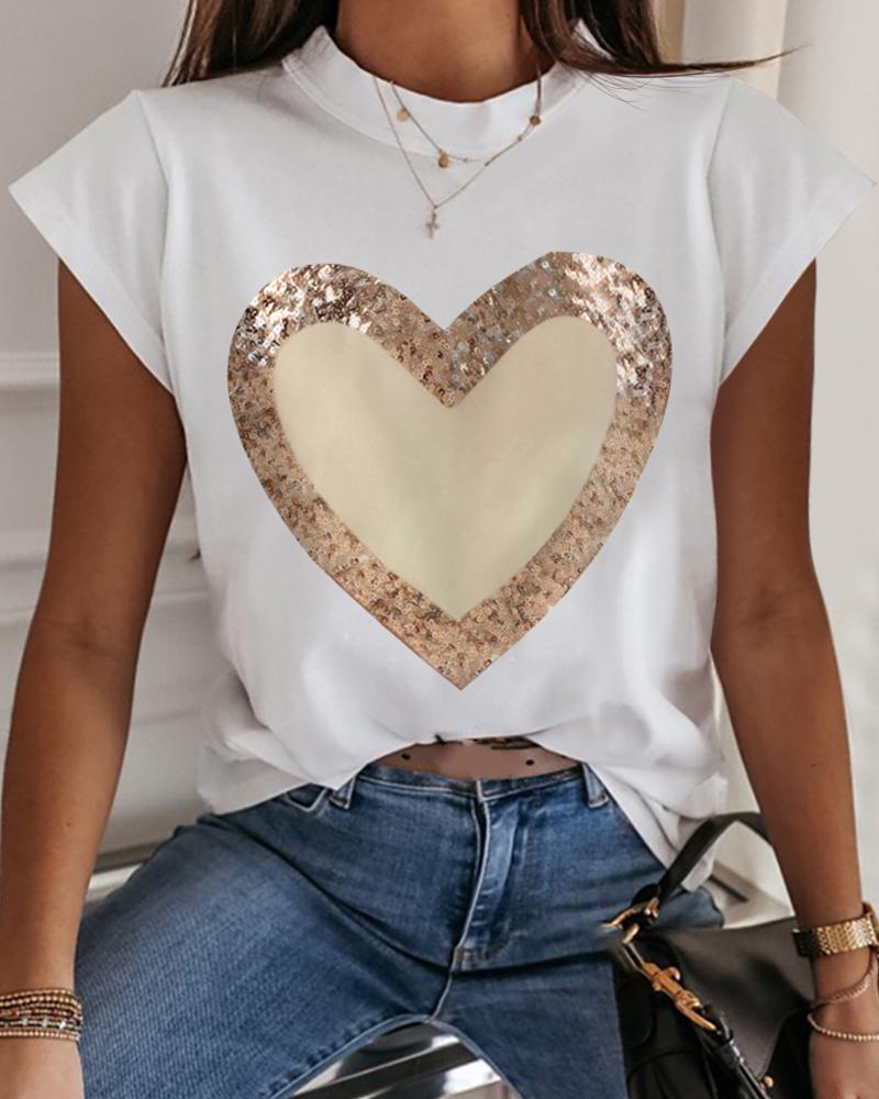 

Heart Print Sequins Short Sleeve Casual T-shirt, White