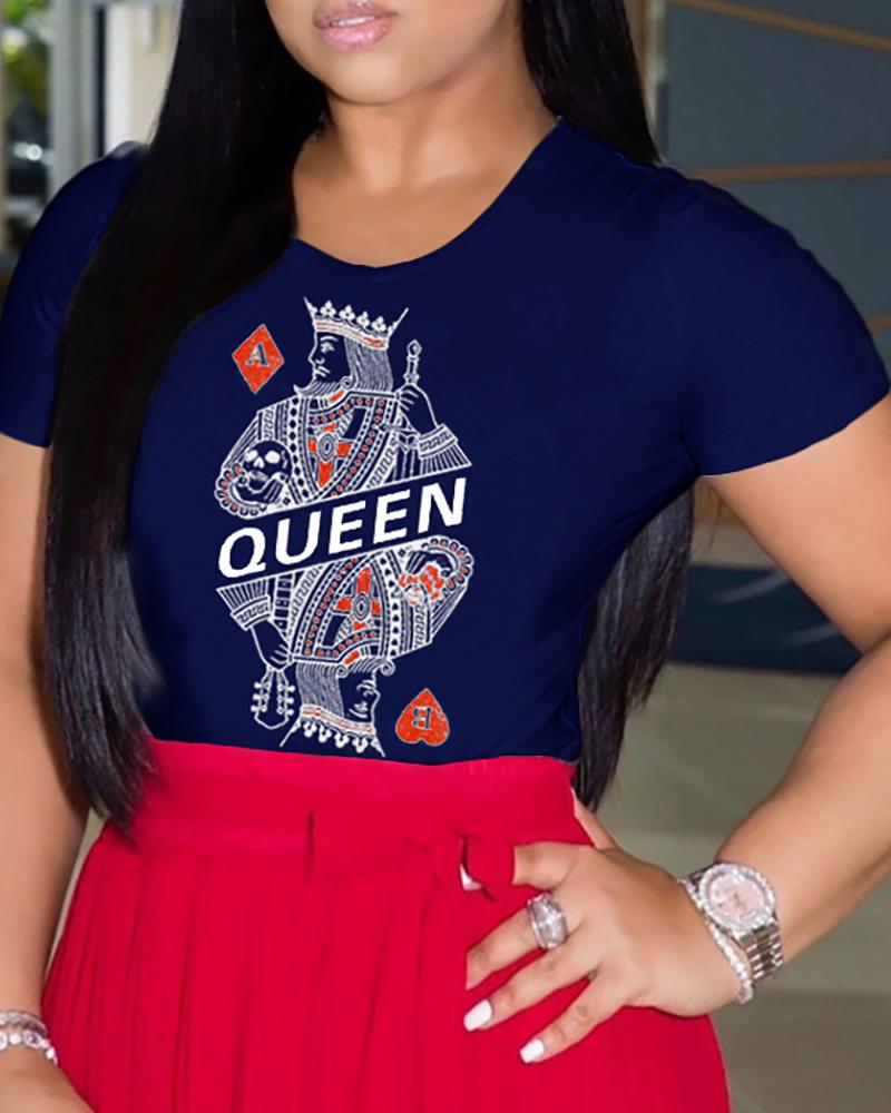 

Poker Print Short Sleeve Casual T-shirt, Dark blue