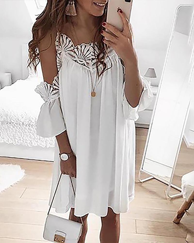 

Cold Shoulder Lace Trim Casual Dress, White